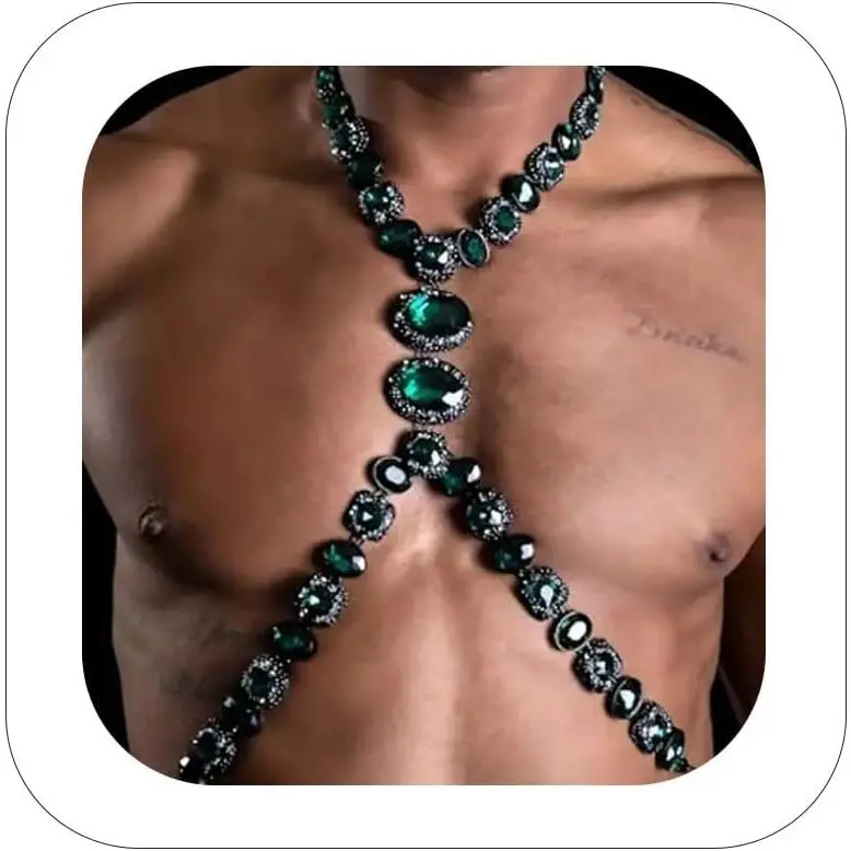 Rhinestone Green  Chain Harness Men   Chain Belt Sexy Men Chest Chains Festival    Adjustable (Green)