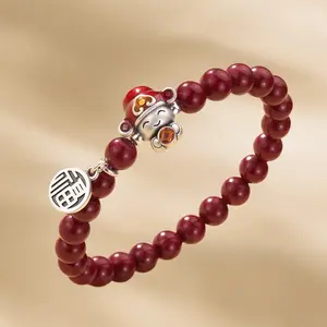 Vibrant Red Cinnabar Bracelet, Retro Style with Cute God of Wealth Bead & Fu Plaque, Traditional Chinese Accessory, Meaningful Gift for Birthday & Anniversary