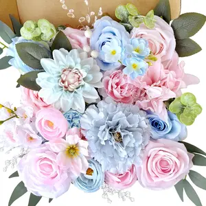 Baby Blue Pink Artificial Flowers Combo Box Set Bulks Pastel Pink Rainbow Silk Roses Individually Stems Crystal DIY Faux Bridal Wedding Bouquets Cake Decor Arrangements Baby Shower Bloom Flowers