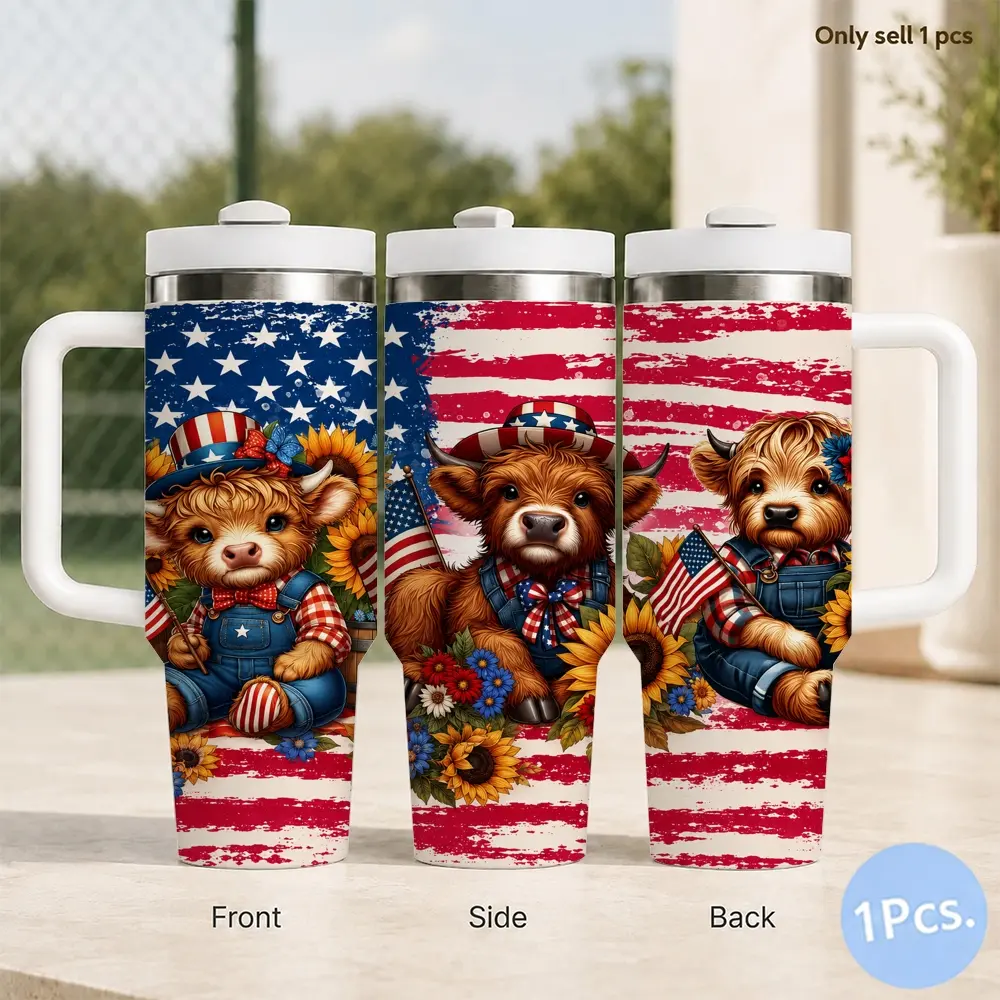 Sunflower Highland Cow Vacuum Flasks 40oz Insulated Tumbler with Handle and Straw, Stainless Steel Large Capacity Water Cup with Lid, Car Cup Holder Friendly, Reusable Tumbler Gift for Women and Friends