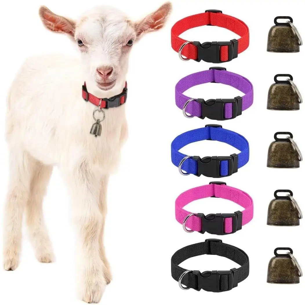 5Pcs Adjustable Nylon Goat Collars with Copper Bells, Anti-Lost Grazing Collar Set for Farm Sheep, Cow, Horse
