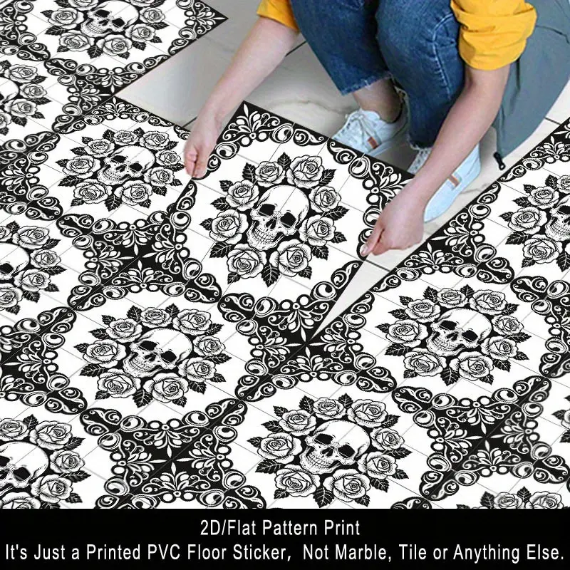 2D/ Flat, 10pcs Golden Skull Mosaic Floor Sticker, Self-adhesive Art Deco Decal - Suitable for Bedroom, Living Room, Kitchen and Bathroom Floors (11.81X11.81 Inches/ 30X30cm)