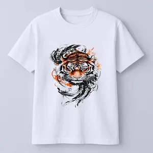 Unisex Pure Cotton Short Sleeve T-Shirt Chinese Ink Wash Tiger Head Art Print White Crew Neck Oriental Street Casual Oversized Tee,Oriental Ink Tiger Graphic Pure Cotton Short Sleeve T-Shirt Unisex White Daily Streetwear Top