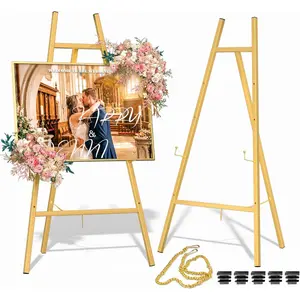 Gold Metal Easel Stand for Sign,Heavy Duty Art Easel with Adjustable Chain,Tripod Structure,4-Level Height-Easels for Wedding Welcome Sign Holder,Baby Shower Poster,Birthday Party,Posters