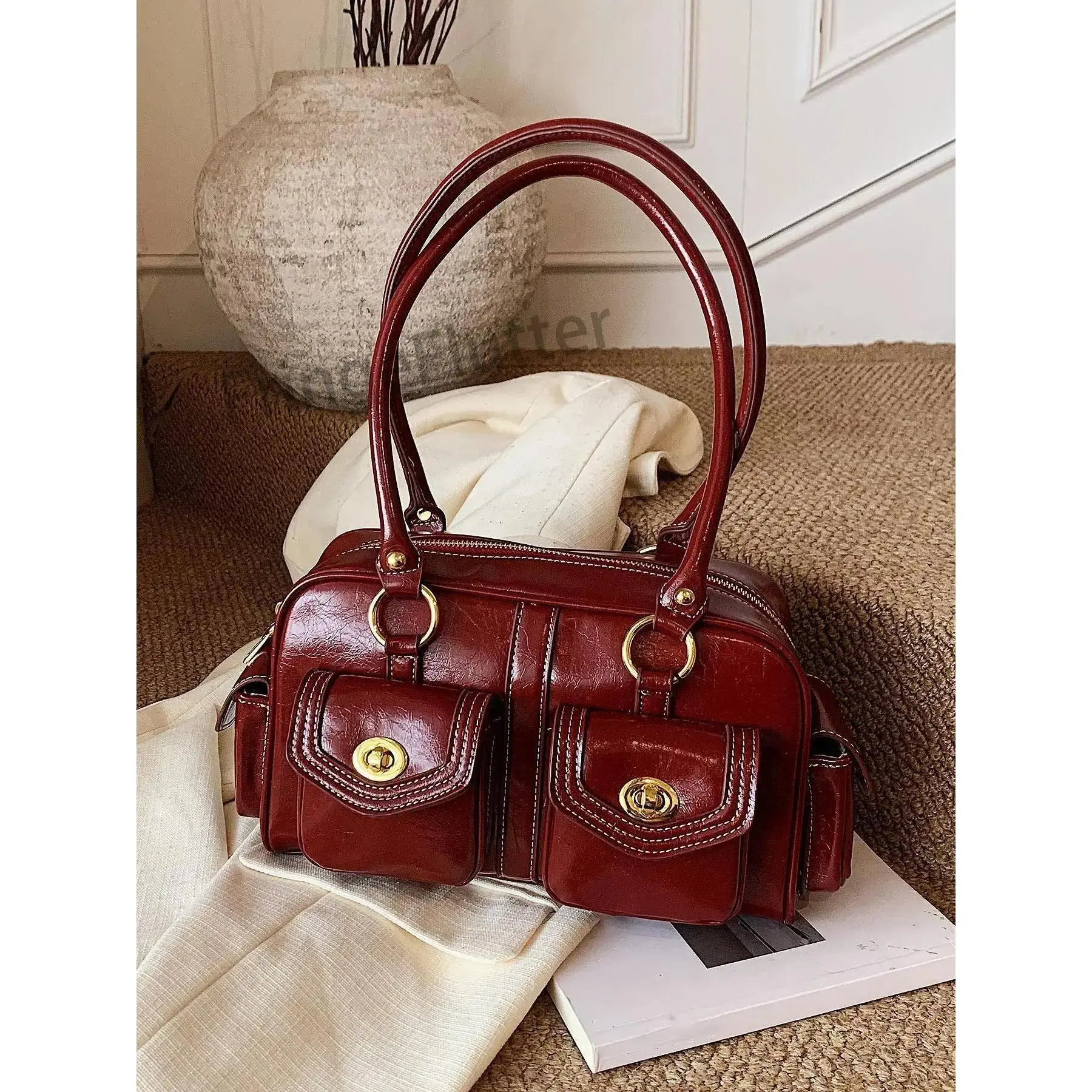 2026 Retro Versatile Baguette Bag, Niche Light Luxury Shoulder Handbag with Double Pocket Design, Multi-Color for Dating & Shopping