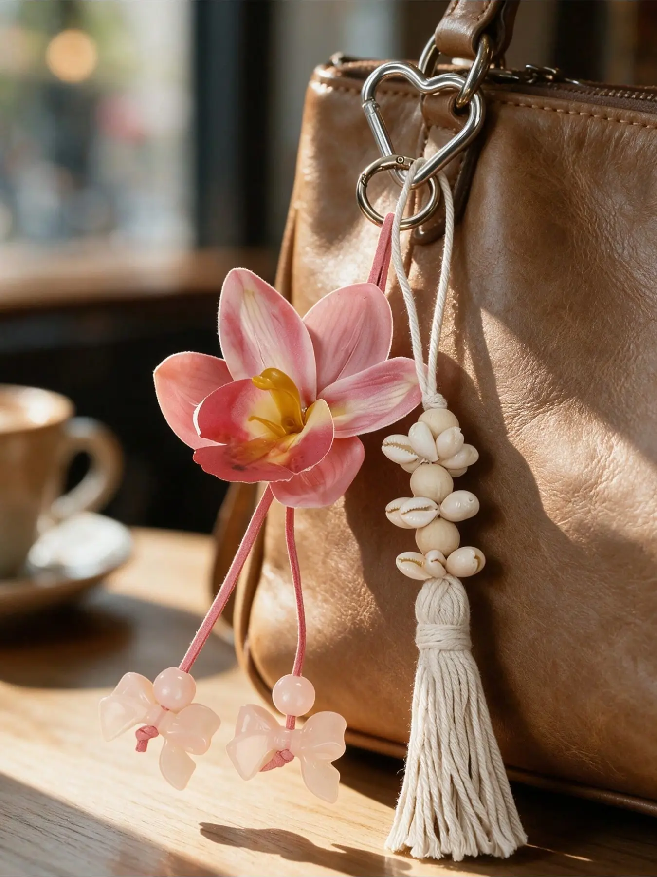 Bohemian-style wooden bead string faux orchid keychain with shell tassel, Y2K cute flower bag charm, Hawaiian tropical lucky keyring/beach accessory/gift, artificial flower keychain, Bohemian-style party gift