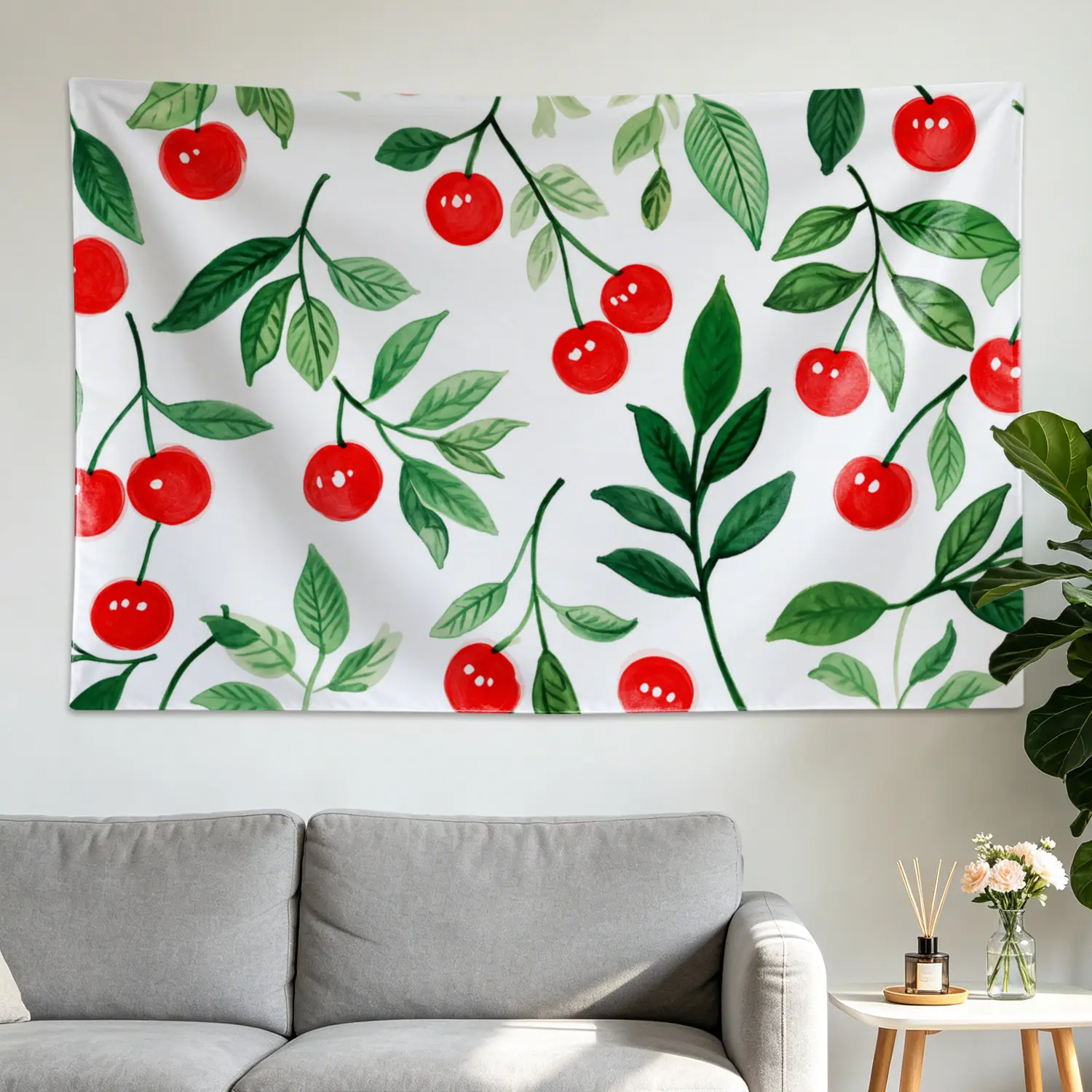 Large-Size Hippie Red Cherry Botanical Fruit Wall Tapestry - Polyester Colorfast High Def Print Multi-Size Home Decor, No-Installation Indoor & Outdoors Hanging, Family Gift Idea