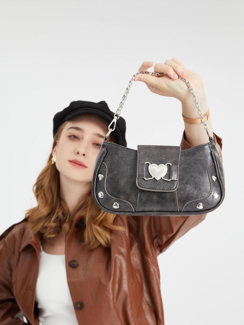 Women's Fashion Chain Decor Shoulder Bag, Heart Decorated Crocodile Textured Pu Leather Bag for Daily Used, Trendy All-match Underarm Bag, Cute Y2k Punk Style Hobo Dumpling Bag, Casual Zipper Purse