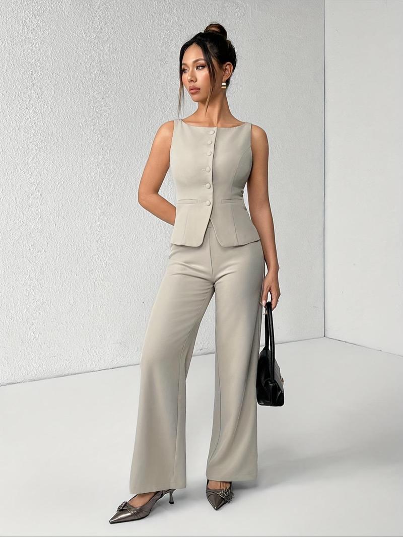 Women's Solid Button Front Tank Top & Wide Leg Pants Set, Casual Fashion Two-piece Set for Summer, Women's Clothing for Daily Wear, Suits, Office Siren Outfits