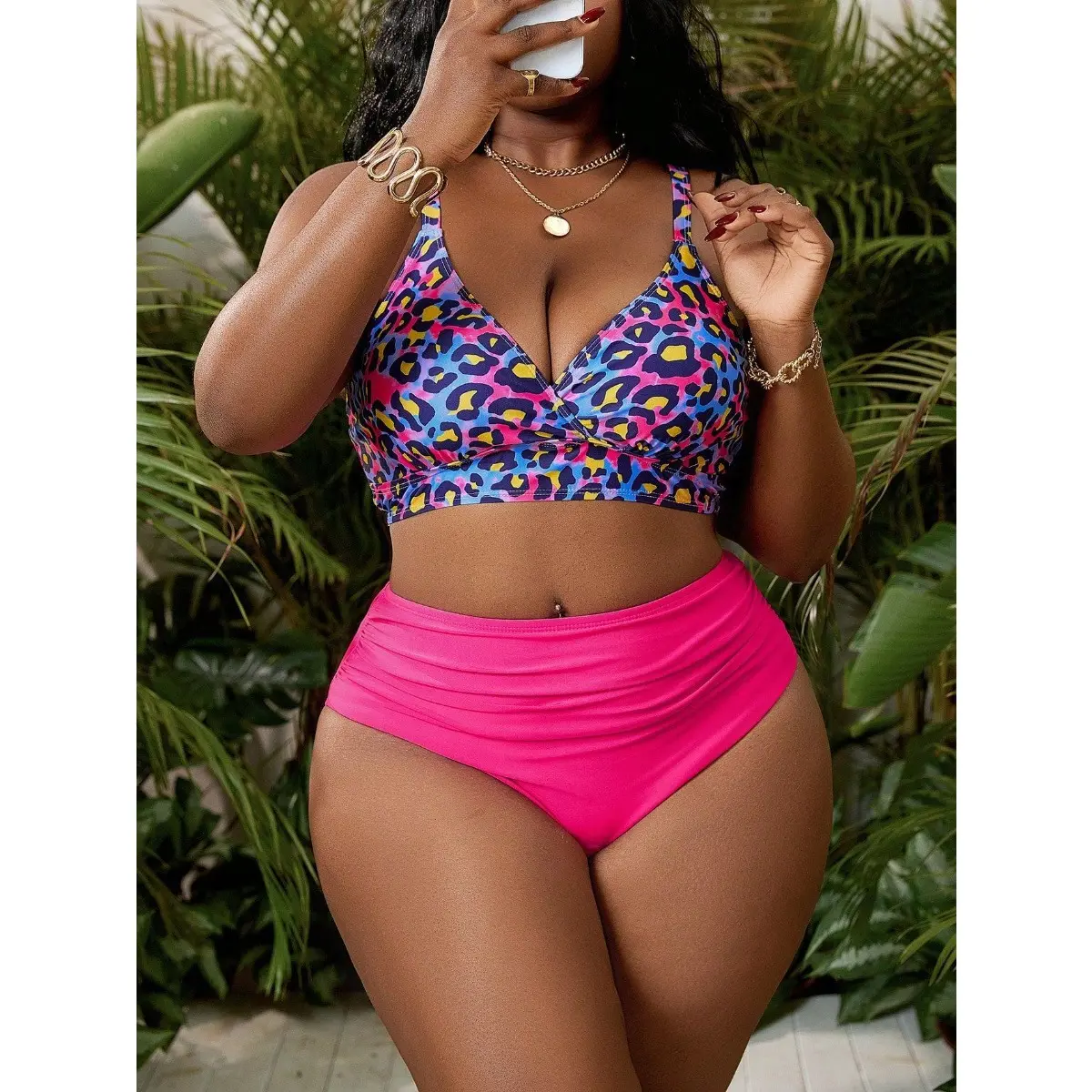 Cute Plus Size Neon Leopard Print Bikini Set | Wrap Front V Neck Top + High Waist Ruched Hot Pink Bottoms | Tummy Control Curvy Beach Bathing Suit