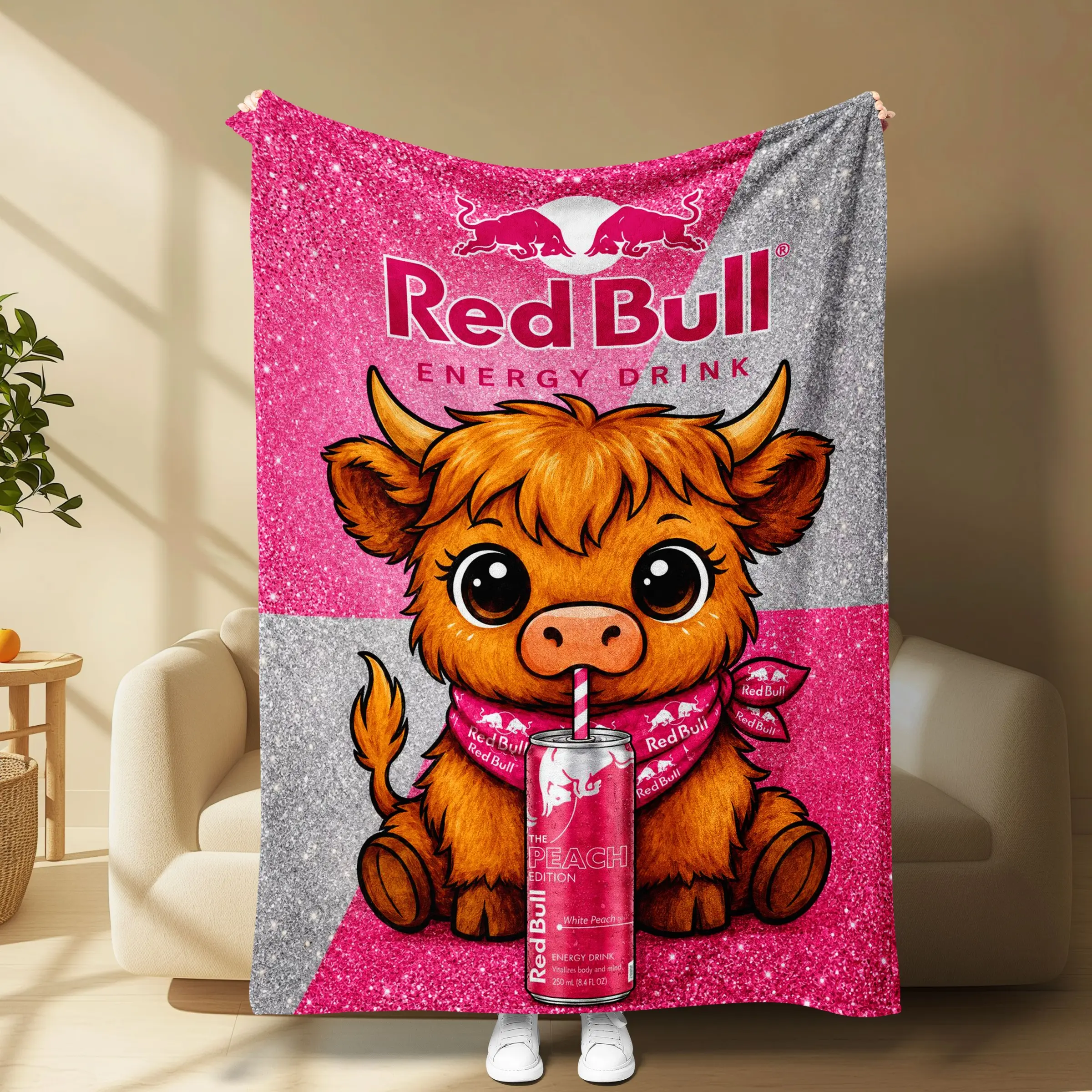 Bull Peach Energy Drink Flannel Blanket, Soft Cozy Lounge Throw, Cute Cow Print, Perfect Gift for Girls, High-End Warm Decorative Rug, Cozy Throw Blankets