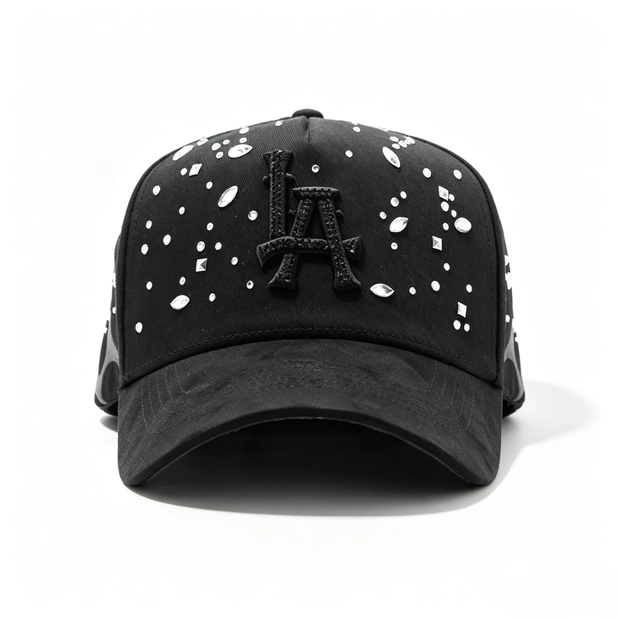 Rhinestone LA 3D Logo Baseball Cap Scattered Crystal Studs Distressed Brim Adjustable Hip Hop Streetwear Hat for Men Women
