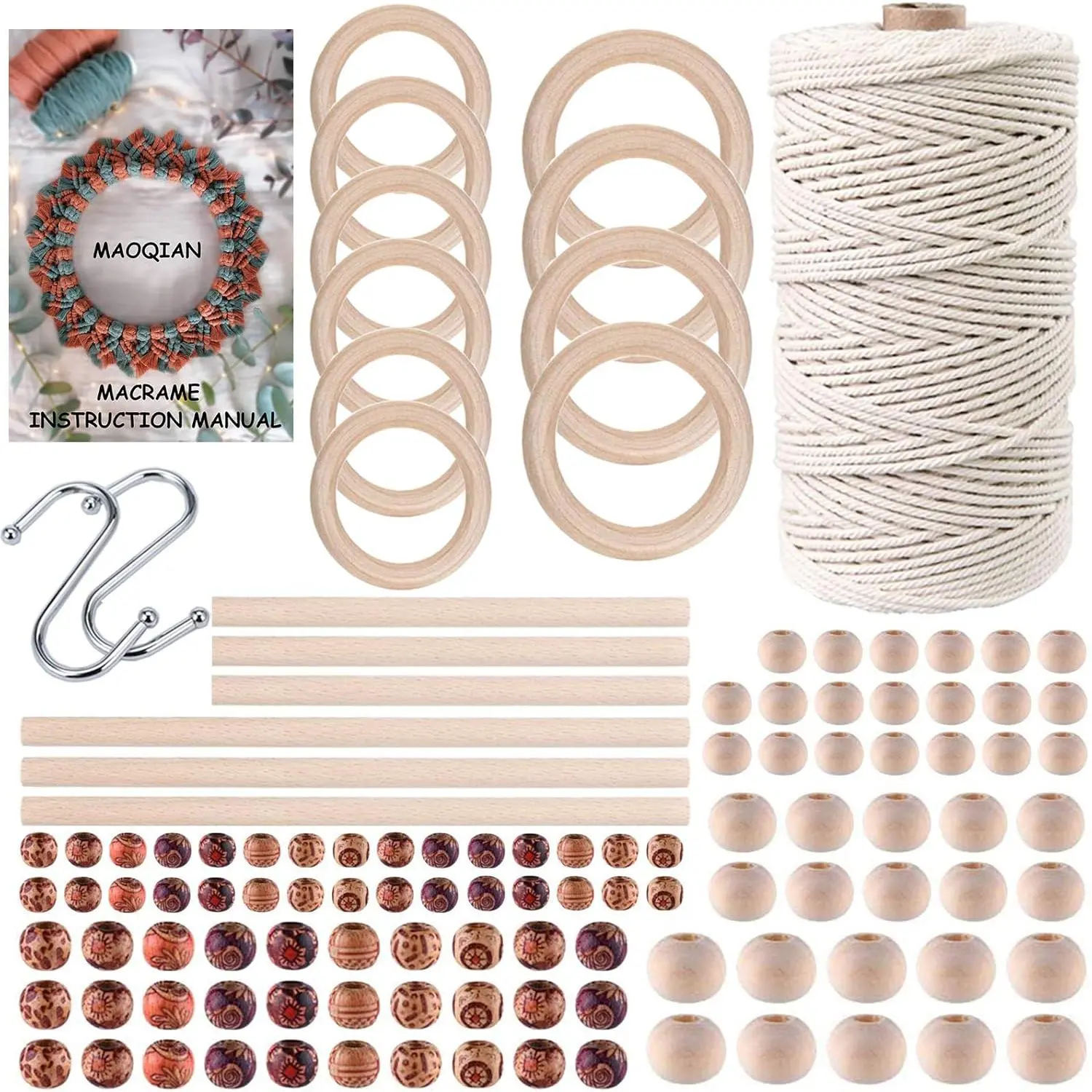 120pcs Macrame Kits for Beginners 3mm x 109yards Natural Cotton Macrame Cord with Wooden Beads & Rings,Wooden Sticks,Metal Rings Macrame Supplies Best for Macrame Plant Hanger