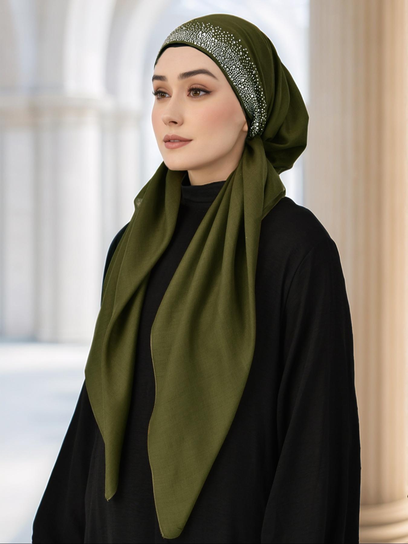 Women's Solid Color Rhinestone Decor Instant Hijab, Modest Fashion Breathable Hijab for Daily Wear, Women's Islamic Accessory for All Seasons, Turban Style Hijab
