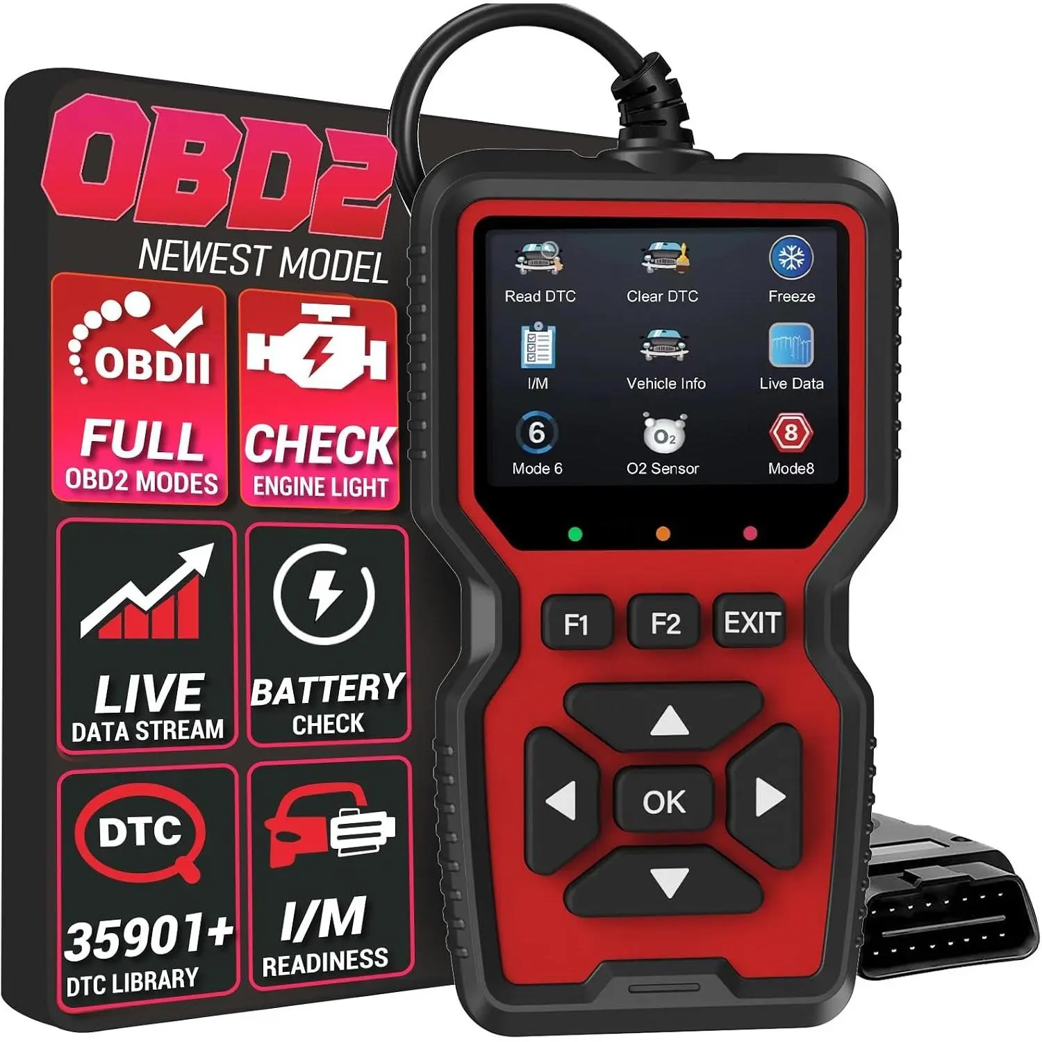 Upgraded OBD2 Scanner Diagnostic Tool - Engine Check, Code Clear, I/M Readiness, Test Mode 6/8, Live Data Stream, 50000+ DTC Library, Type-C USB Plug-And-Play for Post-1996 OBDII Vehicles