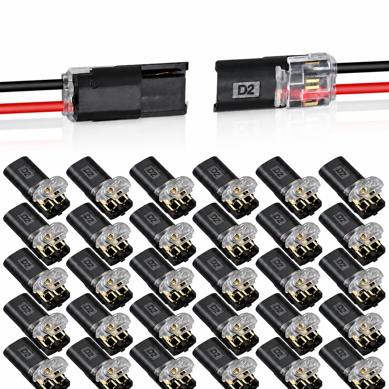 50 count Double Wire Plug in Connector, 2 Pin Quick Wire Connectors with Locking Buckle, Solderless No-Stripping Wire Connectors for 18-22 AWG Low  LED Strip, Speaker Wire and DIY Wiring