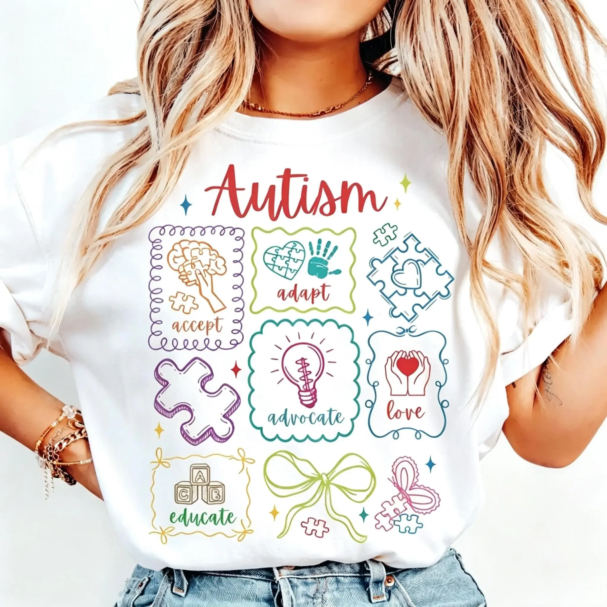Autism Awareness Shirt Tee Accept Adapt Advocate Love Educate TShirt Diversity SPED Teacher Special Education T-Shirt Gift Womenswear