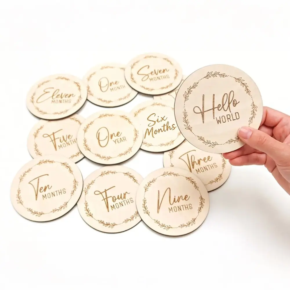 elegant floral wreath Hello World 1-12 Month Monthly Milestone Disc boy or girl Baby Shower Gender Reveal New Mom New parents Gift Newborn 1st First Year Monthly Photo Markers Photo Props Birth Announcement Card