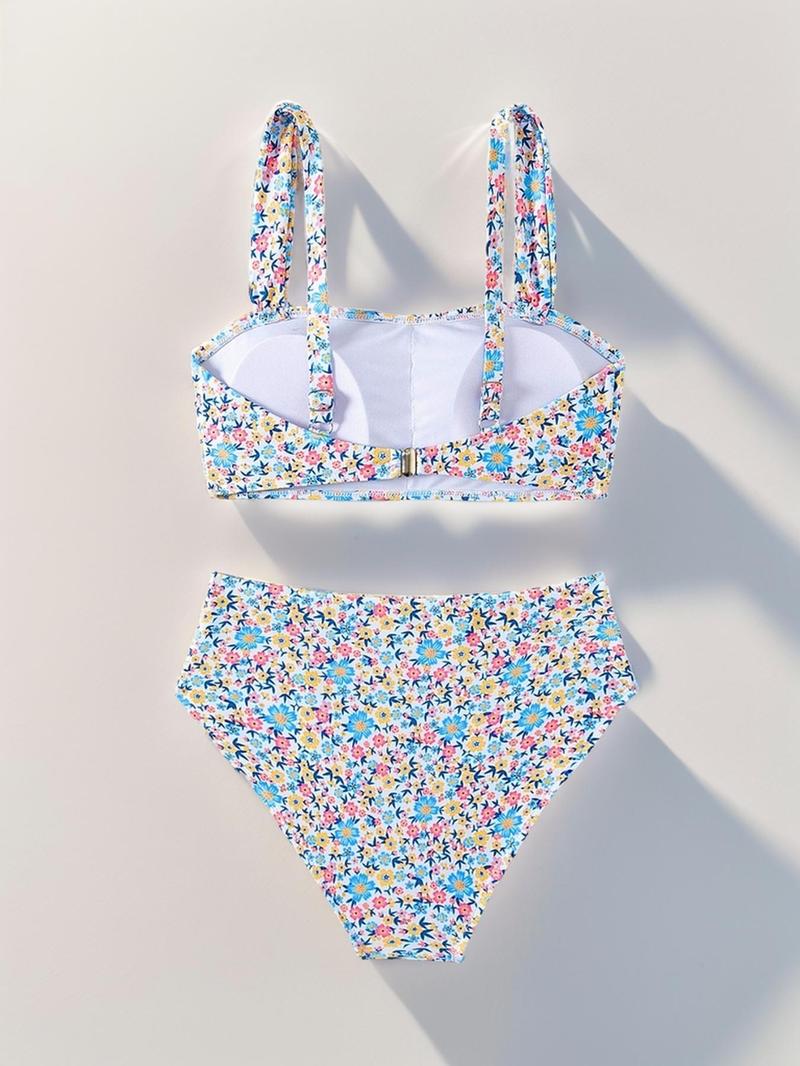Summer Print Bikini Set, Girls Sleeveless Wireless Bra Top, High Waist Triangle Beach Shorts, Casual Ditsy Floral Swimsuit