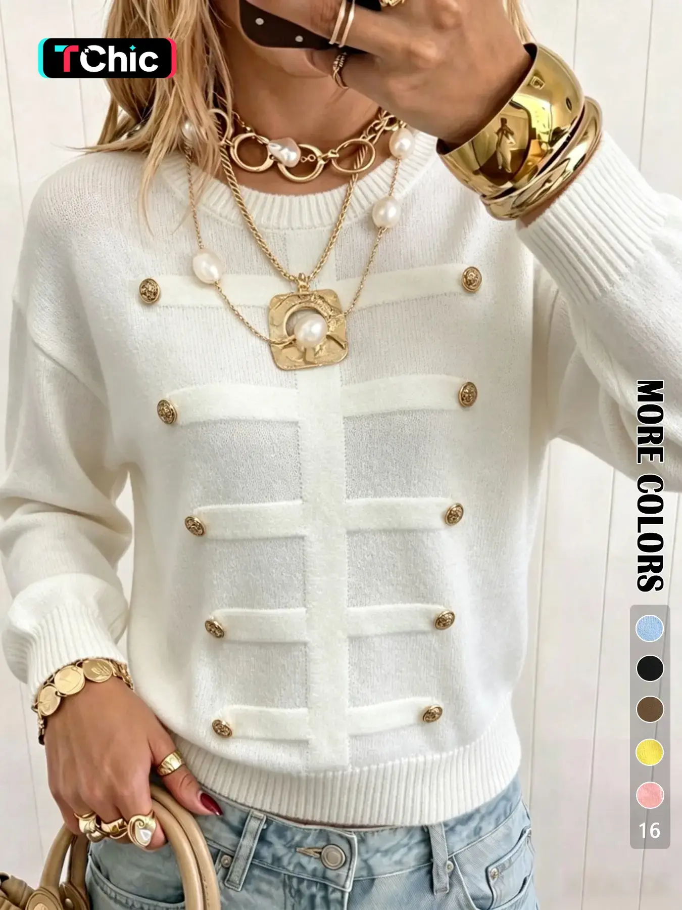 Fall Winter Fashion Simple Style Metal Button Design Long Sleeve Pullover, Casual Loose Fit Versatile Lazy Wind Sweater, Women's Top