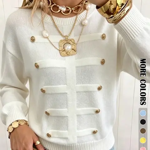 Fall Winter Fashion Simple Style Metal Button Design Long Sleeve Pullover, Casual Loose Fit Versatile Lazy Wind Sweater, Casual Pullover Jumper, Women's Top