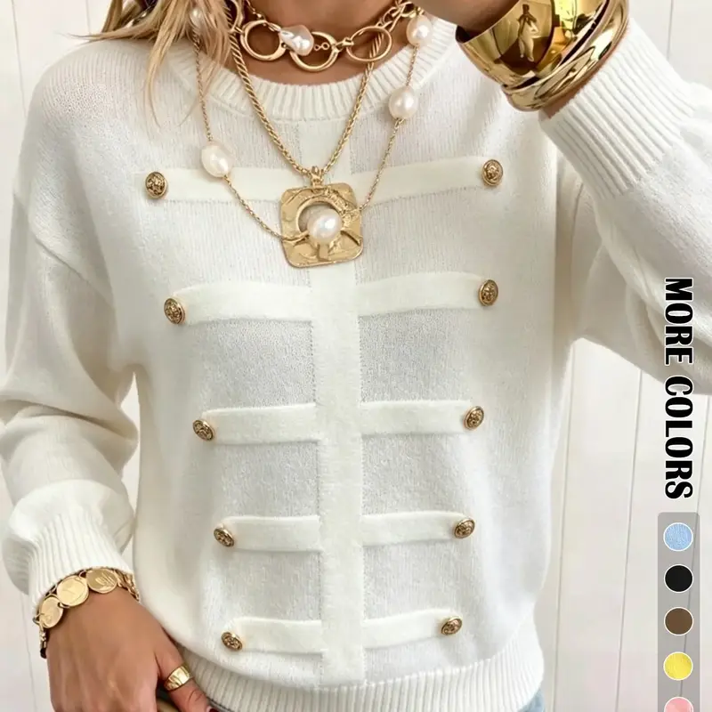 Fall Winter Fashion Simple Style Metal Button Design Long Sleeve Pullover, Casual Loose Fit Versatile Lazy Wind Sweater, Casual Pullover Jumper, Women's Top