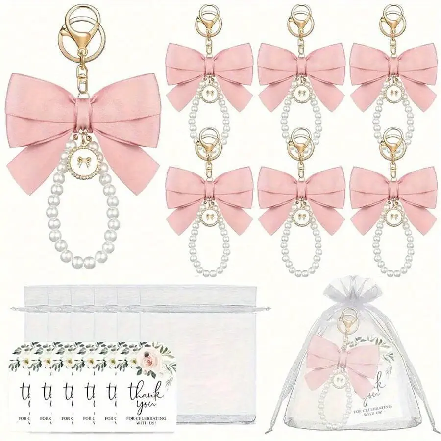 Unisex Bow Shape Round Keychain Set Pack - 18pcs Elegant Keychains with 6pcs Thank Cards, 6pcs Organza Bags, Pink & Golden-Tone Zinc Alloy, for Weddings, Birthdays, Gift Party Favors