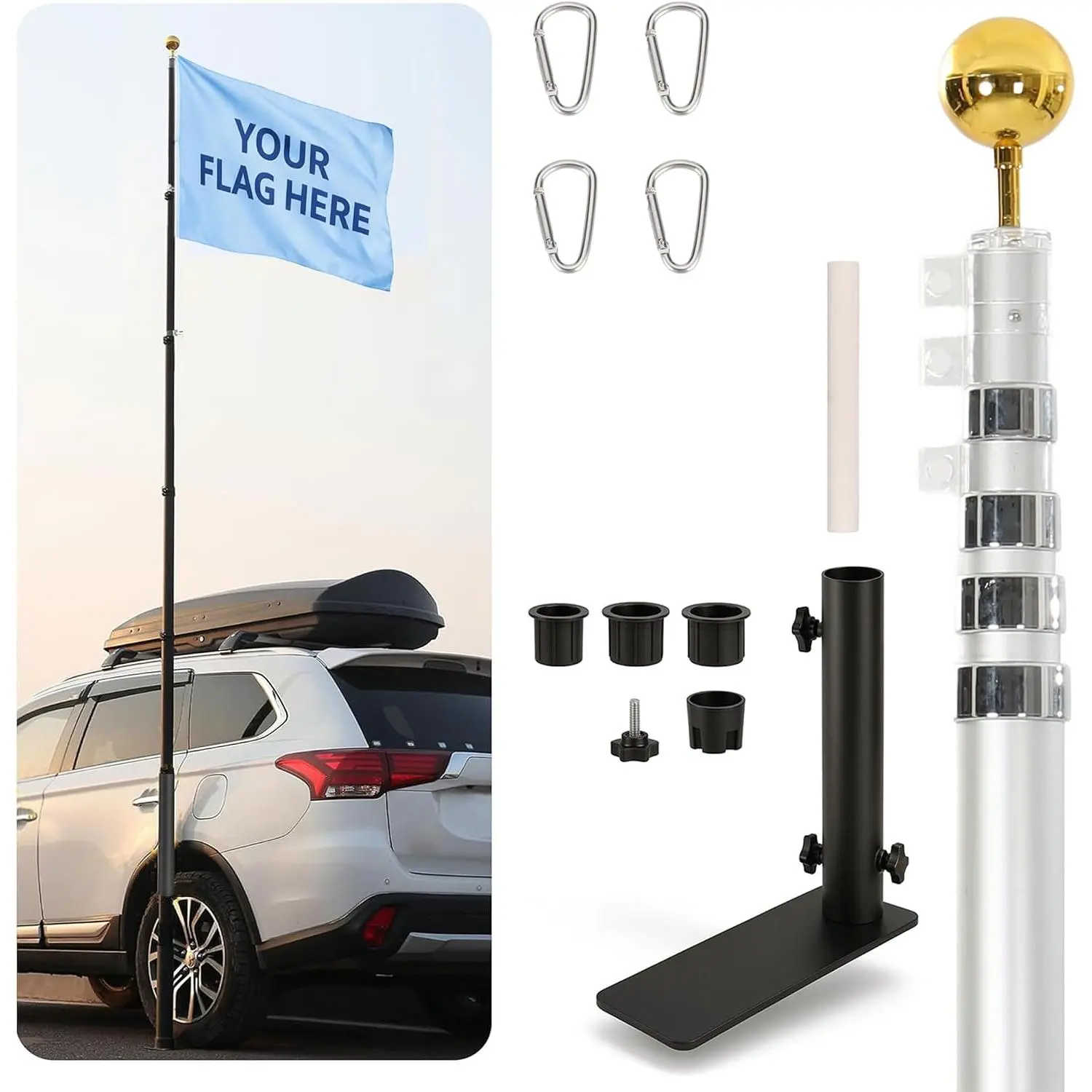 25FT RV Telescoping Flag Pole Kit with Drive-Over Tire Mount Base, Portable Tailgate Flagpole for Camping, RV & Outdoor Use , Heavy Duty , Adjustable 5.8–25 FT, 5-Section Pole, Holds Two 3x5 Flags