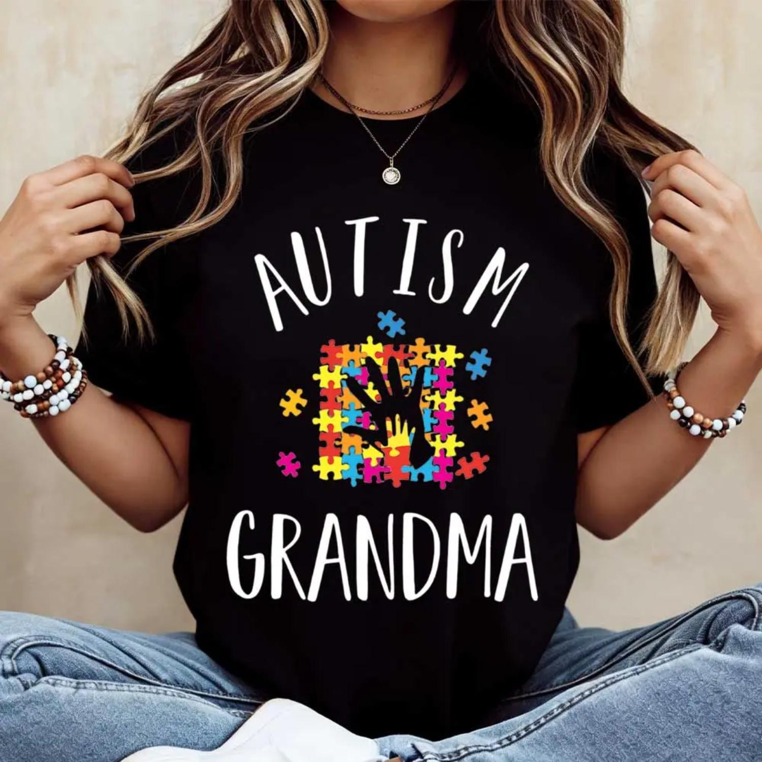 Casual Autism Awareness themed granny puzzle print T-shirt, loose fit, suitable for women's daily wear