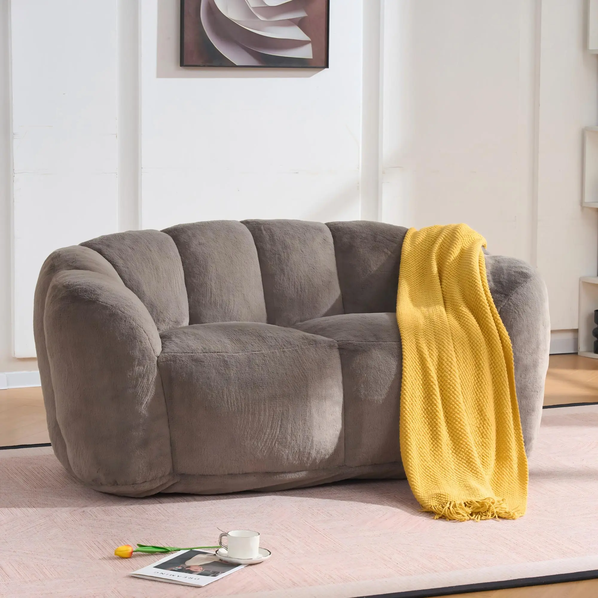 ARCH Oversized Floor Sofa Loveseat Bean Bag Chair for Adults, Ultra Soft Fluffy Faux Fur Cozy Reading Couch for Living Room Bedroom, Brown Two-Seater Lazy Sofa with High-Density Foam Filler, 59x35.5x27.6 Inches, Brown Color Options