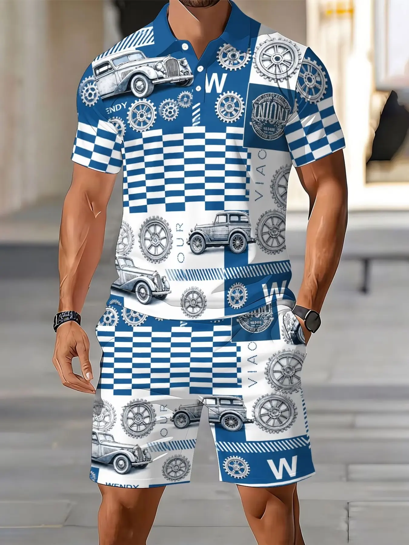 Men's Polo Set, Summer Short Sleeve Polo Shirt Set, Vintage Car Print, Casual Sporty Two-Piece, Breathable Collar Top with Drawstring Shorts