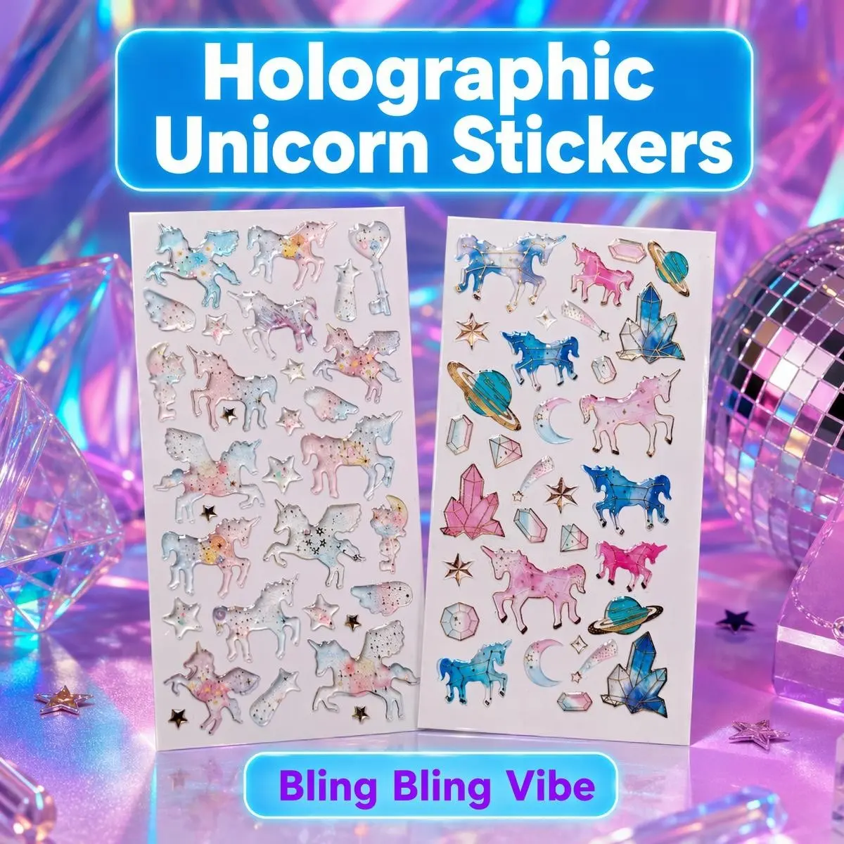 Laser Glitter Unicorn Sticker Set, Transparent No-Residue DIY Scrapbook Decals, 2 Sheets, Perfect for Creative Projects, Batch Ak001