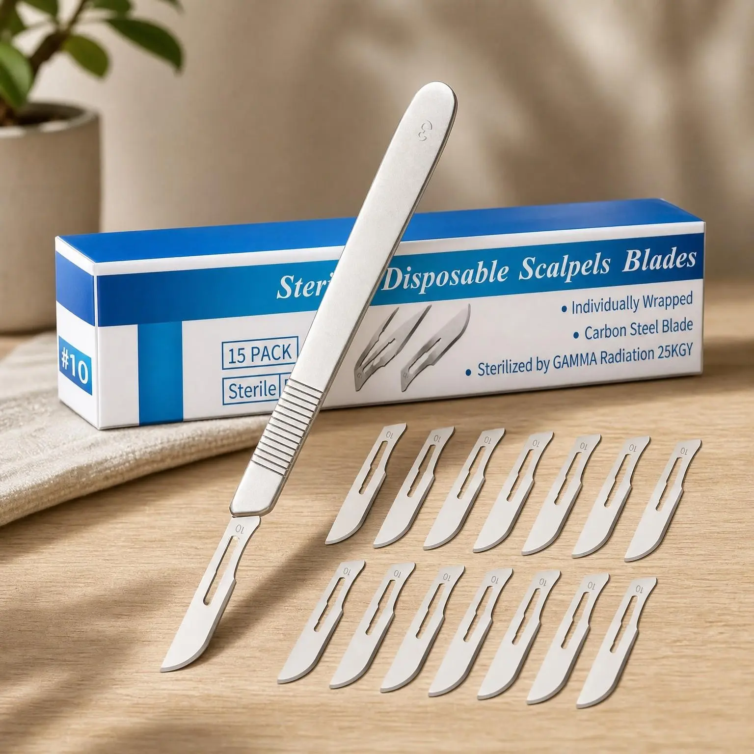 15 Pack #10 Surgical Blades with Stainless Steel Scalpel Handle, High Carbon Steel Individually Wrapped Sterile Blades for Dermaplaning, Podiatry, Crafts & More