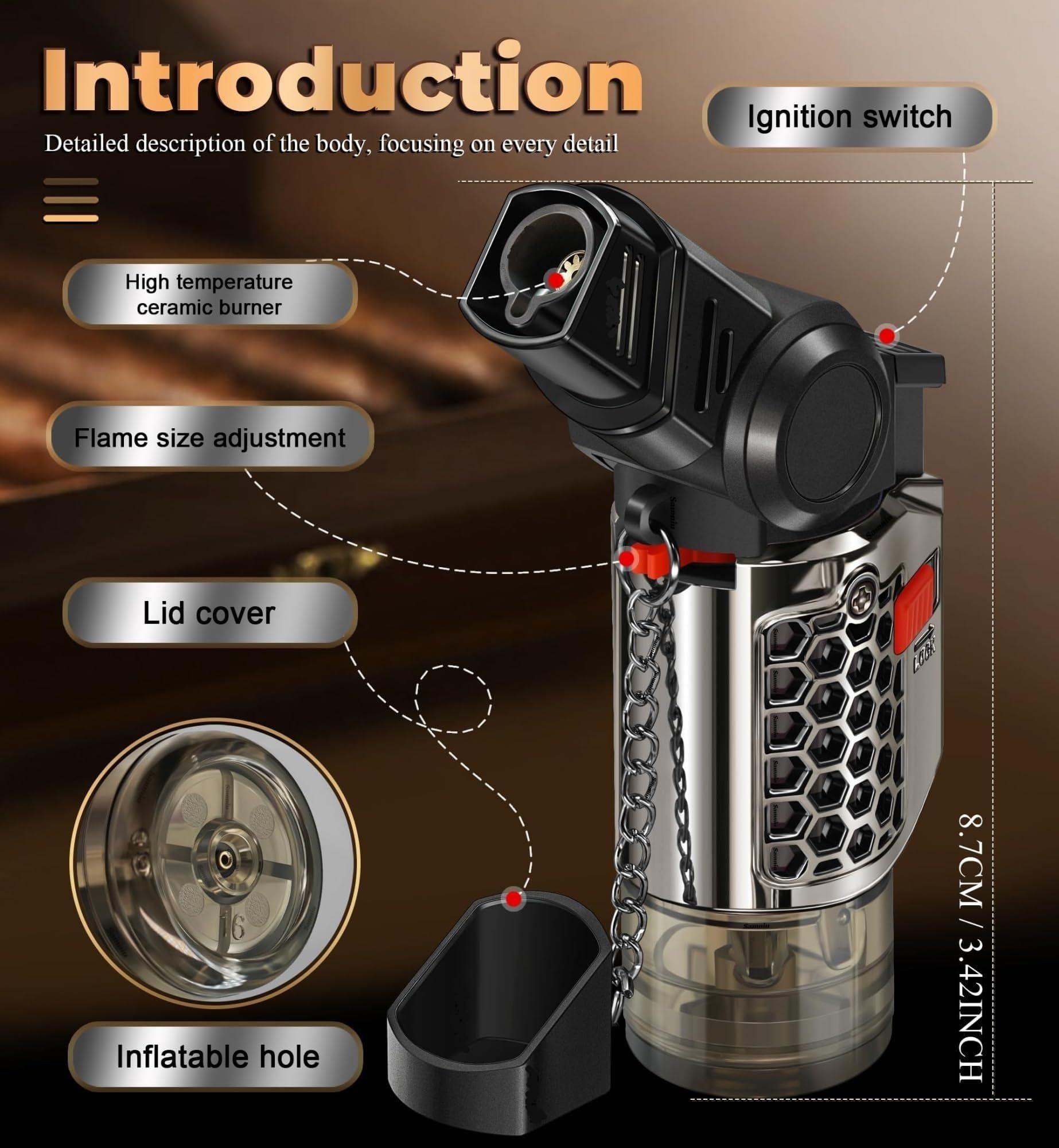 Compact Windproof Butane Torch Lighter with 15° & 45° Adjustable Swivel Ignition Head, Foldable Portable Design, Transparent Gas Tank with Safety Lock, Powerful Outdoor Welding Gun Lighter, Ideal Gift for Men (Butane Gas Not Included)