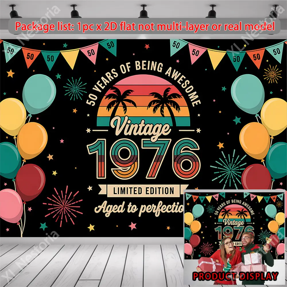 2D Flat Banner HD digitally printed polyester photography backdrop, vintage 1976 50th birthday celebration themed background cloth, soft lightweight foldable, suitable for birthday party decor, portrait photos, product photography