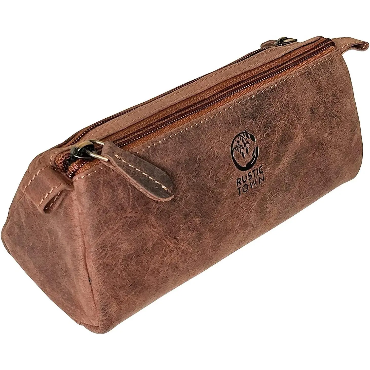Full Grain Leather Pencil Case - Retro Look, Slim Zippered Stationery Holder for Office Use