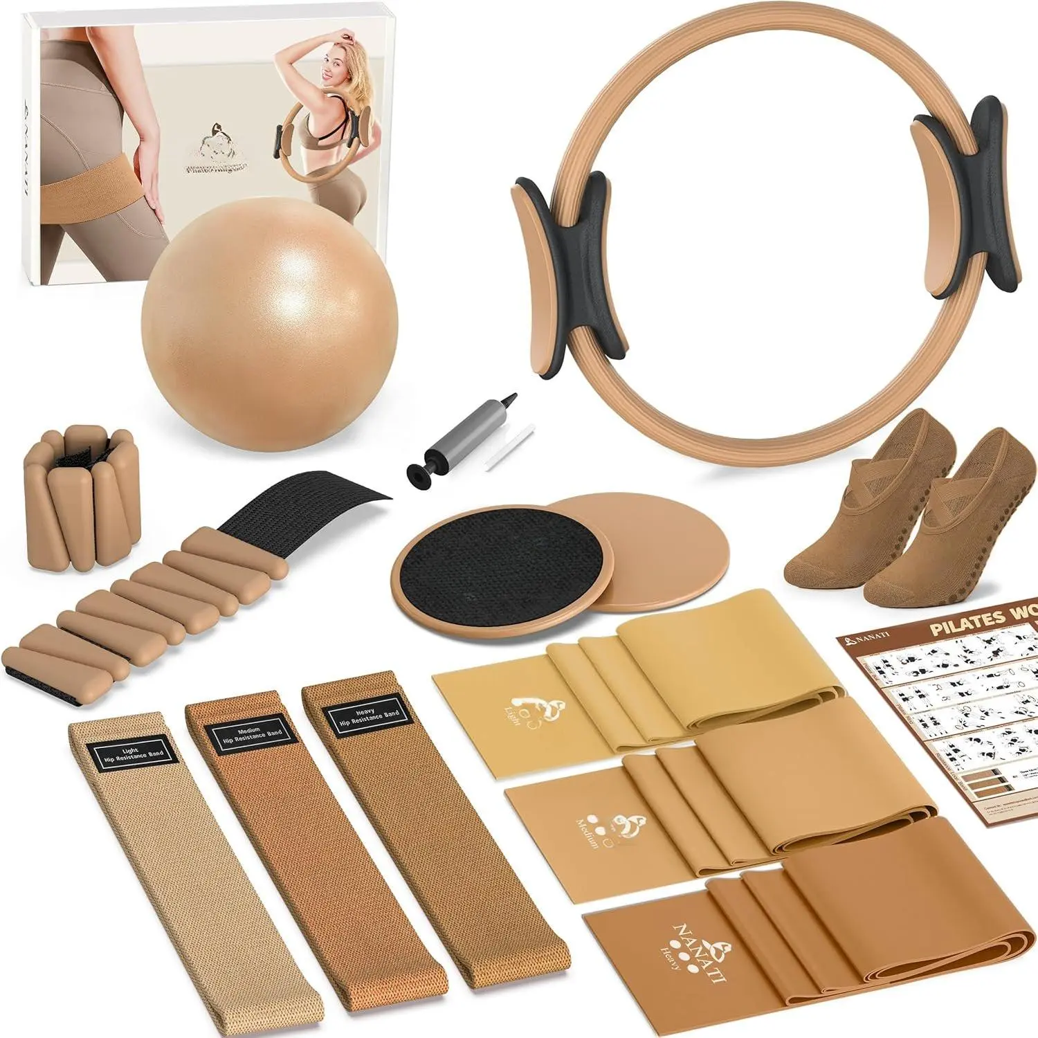 Pilates Kit,  Pilates Workout Kit for Women, Pilates Equipment with 14.5" Pilates Ring and Ball, Resistance Bands, Ankle Weights, Sliders & Grip Socks for  Workouts