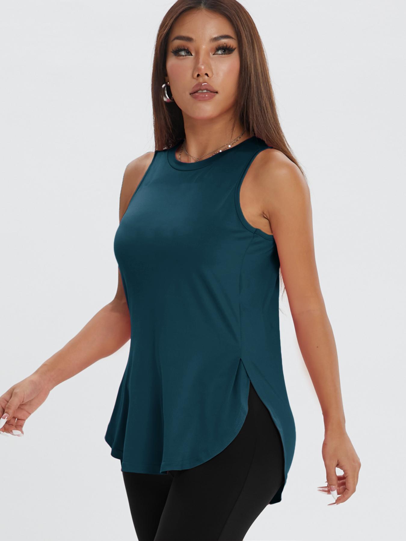 Women's Solid Color Asymmetrical Hem Sports Tank Top, Casual Curved Hem Sleeveless Round Neck Sports Top for Yoga Gym Workout Running, Ladies Sportswear for All Seasons