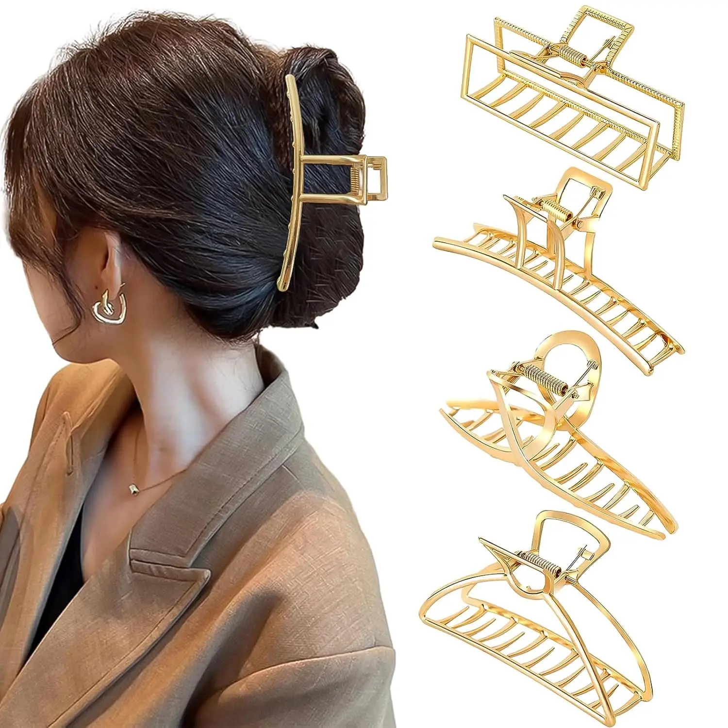 4 Pack Large  Metal Hair Claw Clips for Women Girls Thick Hair |  Design Metal Banana Jaw Clamp Barrettes,  Non-Slip Grip Secure  Hair Types, Hair Accessories for