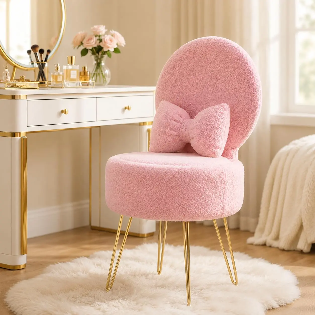 Pink Vanity Stool Chair with Soft Sherpa Fleece Upholstery, Foldable Backrest, Metal Legs, and Storage Space – Modern Accent Ottoman for Makeup, Bedroom, and Living Room Seating
