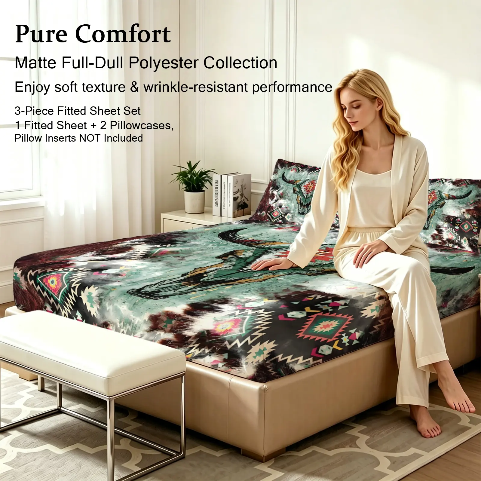 3pcs Fitted sheet Boho Western Aztec Cowboy Pattern Ultra Soft Microfiber Bedding Set, Bedsheet Set, Wrinkle Resistant Fade Proof Breathable, 1 Fitted Sheet + 2 Pillowcases, Fit Twin Full Queen King Cal King Size for Bedroom Home Guest Room