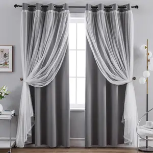 Home Curtains Blackout and Sheer Layered Window Panel Pair with Grommet Top, 52Wx63L,Grey