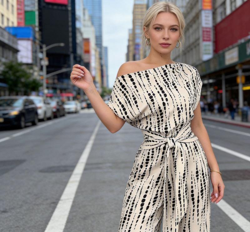 Women’s Striped One-Shoulder Jumpsuit – Tie Waist, Wide Leg, Flowy Summer Outfit