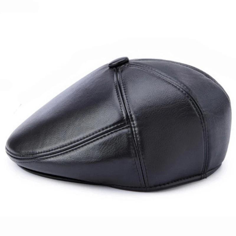 HT2059 High Quality Leather Beret Cap Men Autumn Winter Hats for Men Elder Man Warm Dad Hats with Earflap Flat  Cap Beret