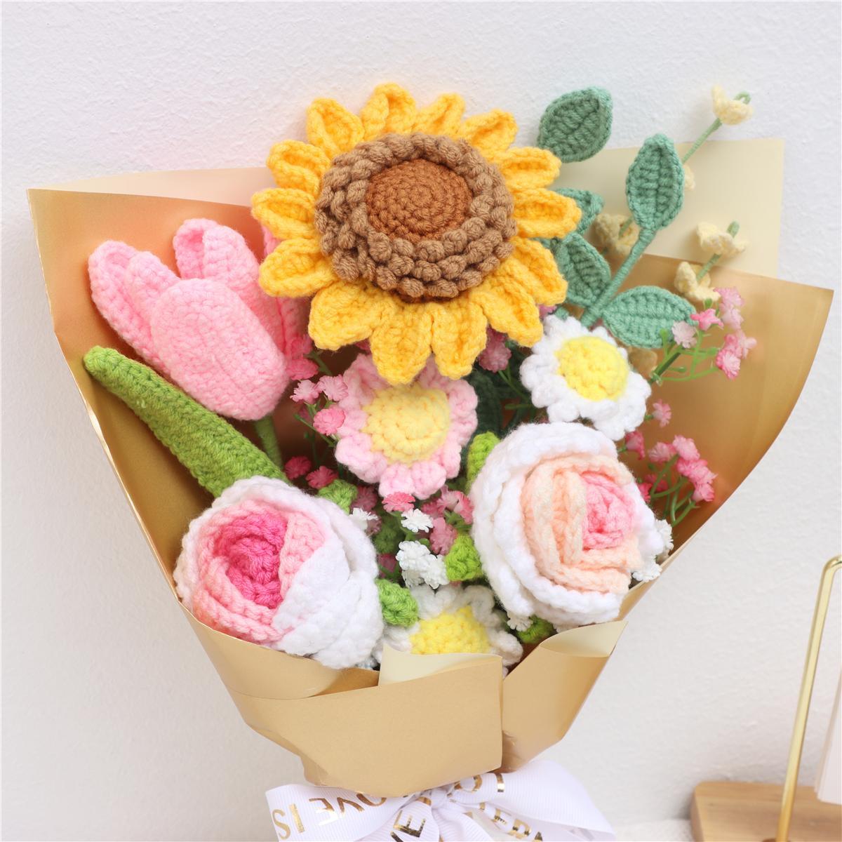 Crochet Sunflower Bouquet, Woven Crochet Bouquet, Handmade Knitting Flower Bouquet, Artificial Flower Bouquet, Home Decor, Gift for Mom, Teacher, Wedding Anniversary Party, Knitted Roses, Fake Bouquets