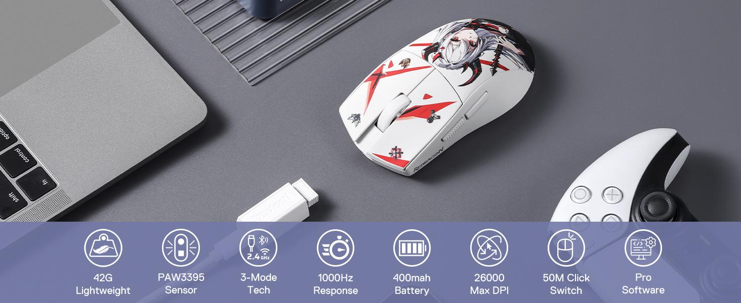 Redragon M916AK PRO 3-Mode Anime Gaming Mouse, 42G Ultra-Light 26K DPI Gaming Mouse w/Ergonomic Natural Grip Build, Full Programmable Buttons, Software Supports DIY Keybinds & DPI