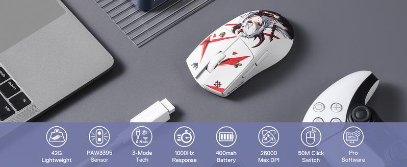 Redragon M916AK PRO 3-Mode Anime Gaming Mouse, 42G Ultra-Light 26K DPI Gaming Mouse w/Ergonomic Natural Grip Build, Full Programmable Buttons, Software Supports DIY Keybinds & DPI