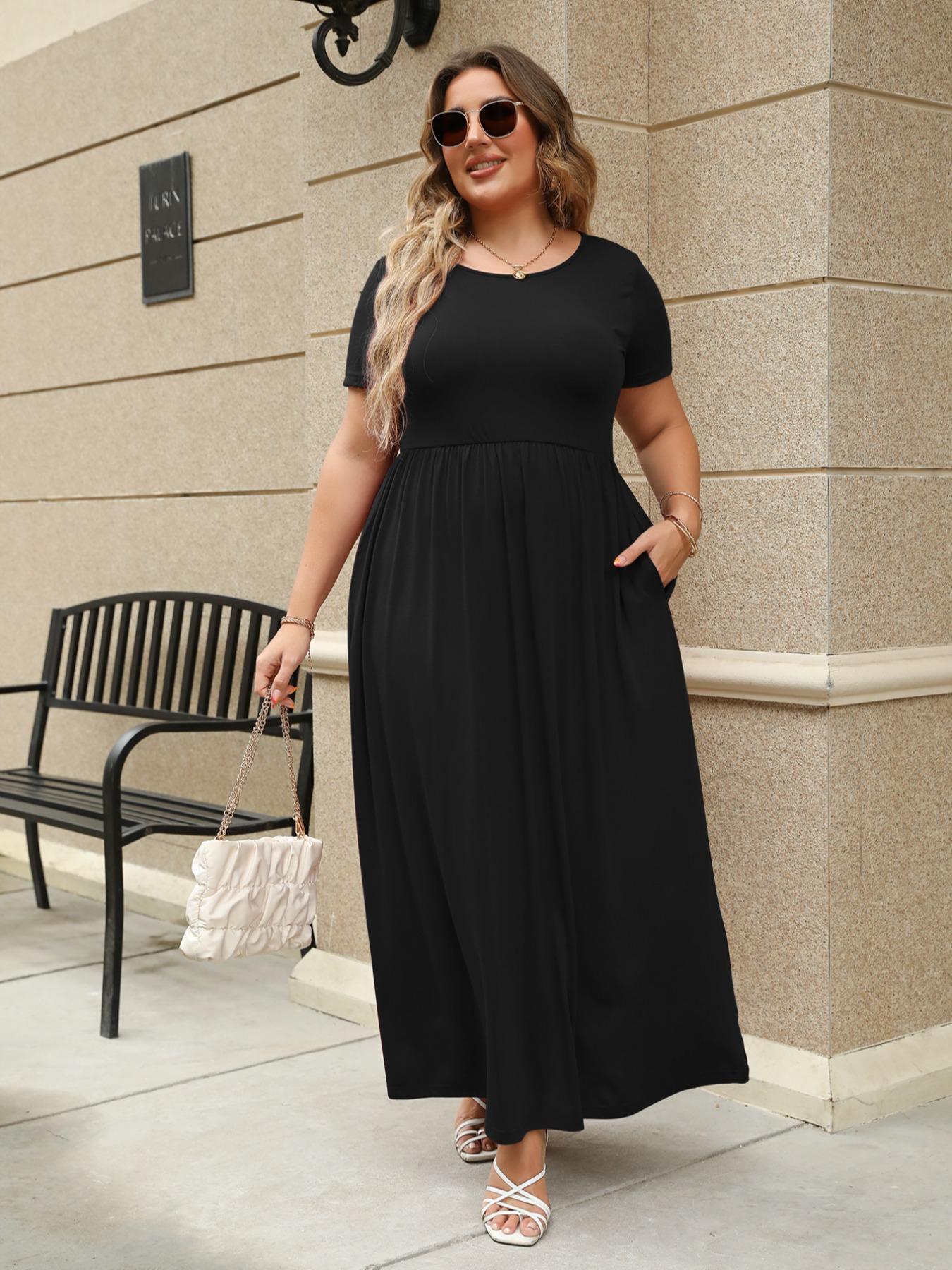 Women's Round Neck Stretchy Casual Long Plus Size Dress, Perfect for Bridesmaids, Vintage Style Wedding & Party Wear, Comfortable Fabric