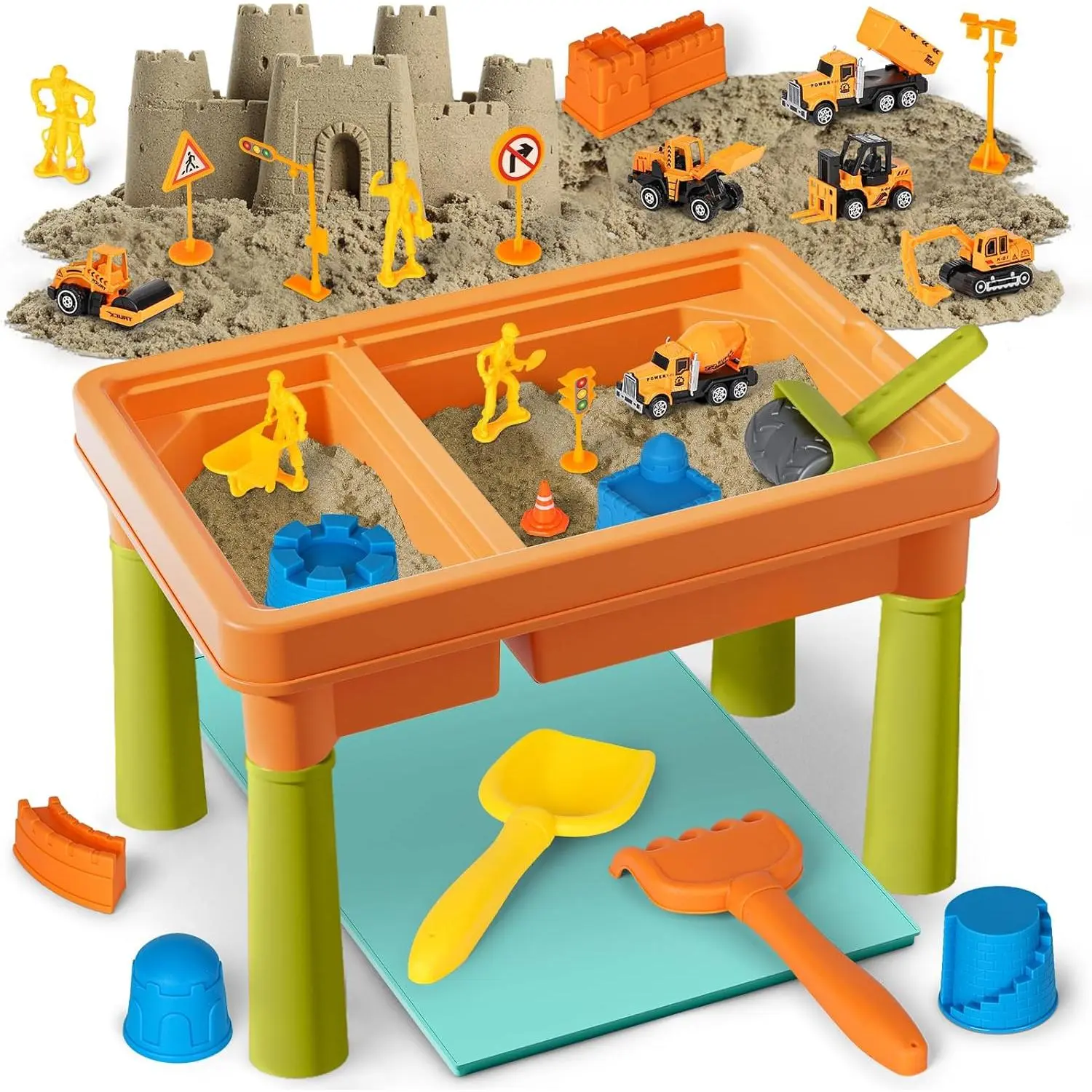 Sensory Table with Sensory Sand, Indoor Sensory Bin with Lid & 2.6lbs Play Sand, Construction Kit with 6 Alloy Trucks & Castle Molds, Sensory Toys for Toddler Boys and Girlsfidget toys