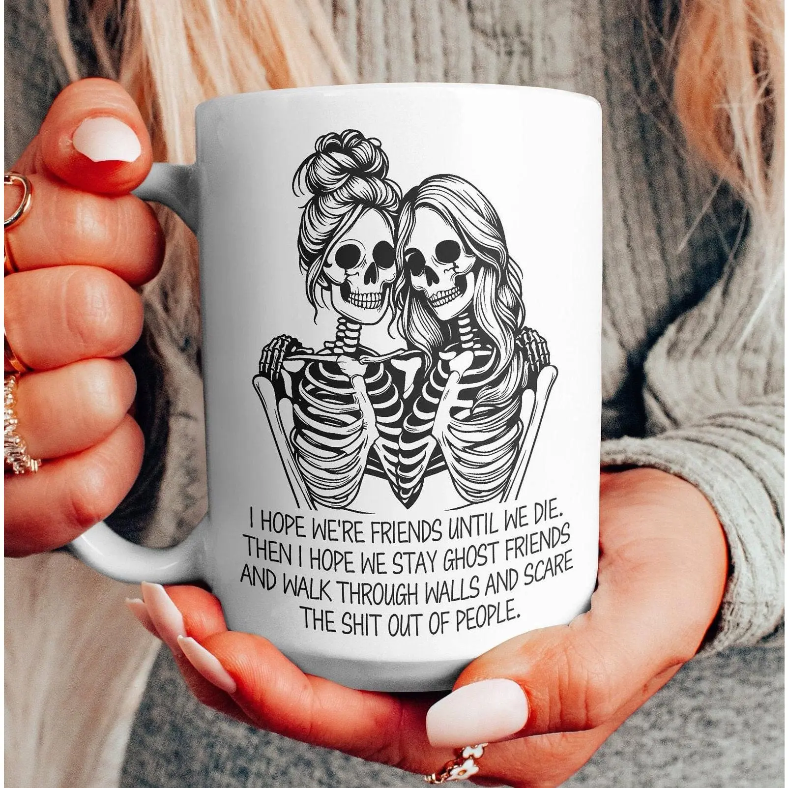 Sturdy Spooky Glossy Printed Best Friend Skeleton Ceramic Mug, Ghost Friends Halloween Coffee Cup Gift for Kitchen Drinkware Use